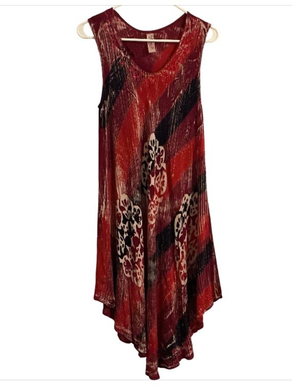 India Boutique OS Boho Sharkbite Hem Tunic Dress Coverup Red Black Soft